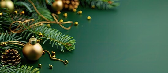 Aufkleber - Festive ornament arrangement featuring a Christmas tree branch a golden bell and a copy space image on a green table for a holiday background design