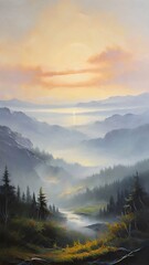 Naklejka na meble Calm and simple background (wallpaper) with delicate texture with mountains, trees, fog, sun, and moon.