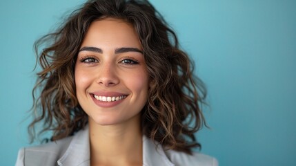 Sticker - Confident Smile: Portrait of a beautiful, smiling woman with curly hair, radiating positivity and self-assurance against a vibrant blue background.  