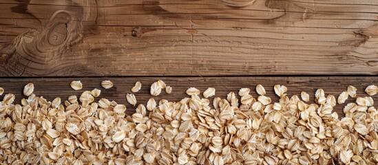 Poster - Top down view of raw oat flakes arranged on a wooden surface with ample copy space image available