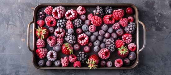 Canvas Print - Top down view of a vintage metal tray filled with a variety of frozen berries providing an area for additional content with a copy space image