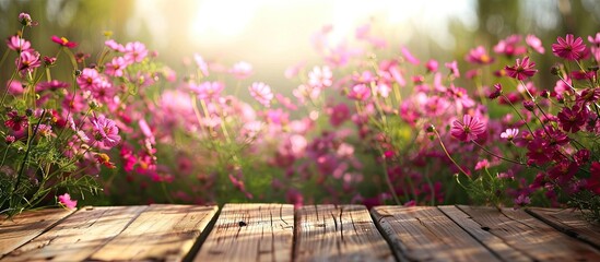 Leinwandbilder - A wooden table with a blurred background of a pink flower field or garden ideal for a Valentine s Day theme suitable for product displays or key visual designs featuring ample copy space for text or