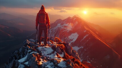 Sticker - Hiker Reaching the Peak of a Mountain at Dawn Ready to Embrace New Challenges and Opportunities