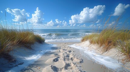 A serene beach scene with soft sand dunes and clear blue ocean waves under a bright sky with puffy clouds.