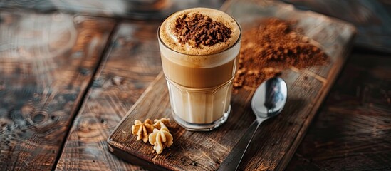 Aufkleber - A latte glass with a spoon rests next to a wooden board displaying Dalgona coffee ingredients like brown sugar instant coffee and milk with a copy space image