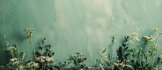 Aufkleber - Wild plants against a backdrop of green paper with empty space for placement of images. Creative banner. Copyspace image