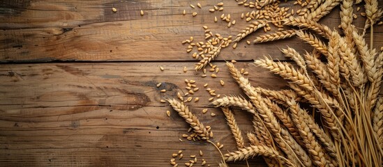 Aufkleber - Wheat spilled on wooden table creating a captivating copy space image