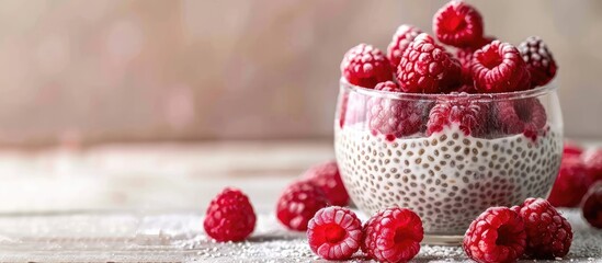 Poster - Healthy and nutritious chia pudding with raspberries displayed in a glass on a light wooden table featuring a relaxing copy space image