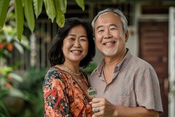 Wall Mural - Portrait of a smiling asian couple in their 40s holding happily a key to their new home which they were