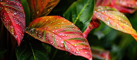 Canvas Print - In a lush forest setting there are tropical leaves in vibrant red and green hues capturing a serene moment with a dewdrop ideal for a copy space image