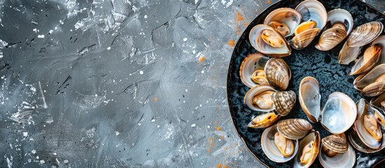 Canvas Print - Image of raw mussels and clams on a plate captured from a top view with a flat lay perspective showing copy space and a horizontal orientation with no people in the shot