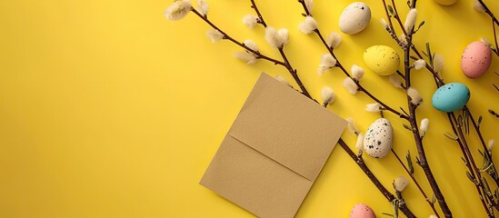 Aufkleber - Easter themed with willow branches an empty card and copy space image against a vibrant yellow backdrop