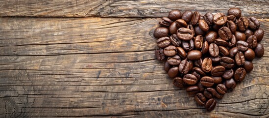 Poster - Heart shaped coffee beans displayed on a wooden background with copy space image