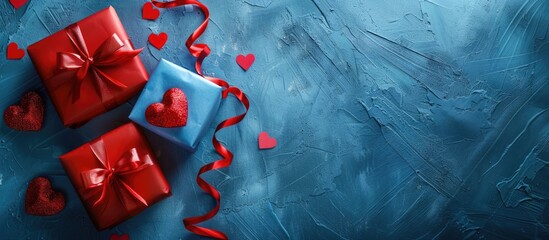 Aufkleber - Electric blue textured background with heart adorned gift boxes ideal for a romantic postcard with copy space image
