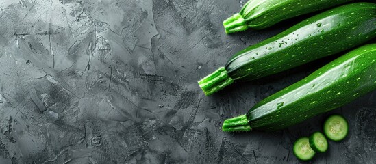 Aufkleber - Vibrant green zucchinis on a stone background with space for text or images. Creative banner. Copyspace image