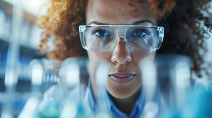 Wall Mural - a female scientist with curly hair wearing safety goggles, focuses attentively on a set of laborator