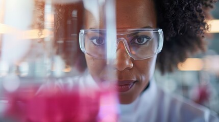 Wall Mural - a scientist in a modern lab is working with colorful chemicals in glassware, surrounded by reflectio