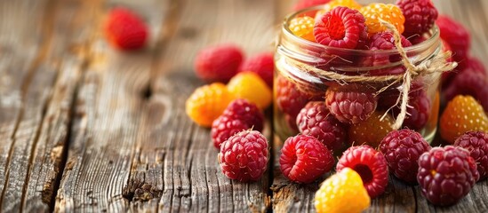 Aufkleber - Red and yellow raspberries in a glass jar on a rustic wooden surface with ample copy space image