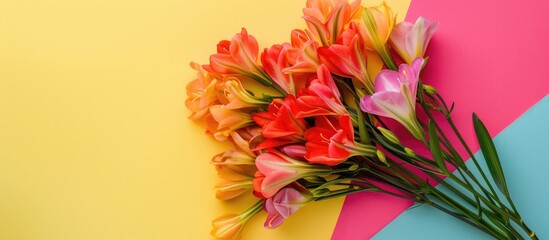 Poster - Top view of fragrant freesia flowers on a colorful background with ample copy space image