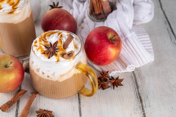 apple pie spices latte drink, cosy autumn warm coffee beverage with apple pie syrup and spices, with