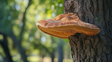 A large ganoderma mushroom growing on the trunk of an oak tree