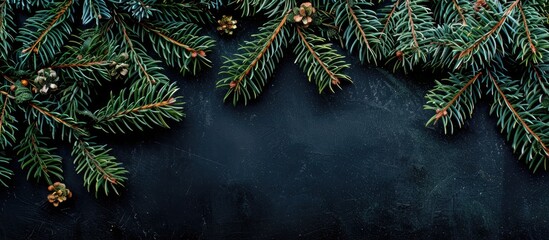 Poster - A festive holiday scene featuring decorated fir tree branches against a black backdrop providing a Christmas themed copy space image for your design needs