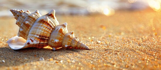 Aufkleber - Seashell on a sandy beach with ample copy space image