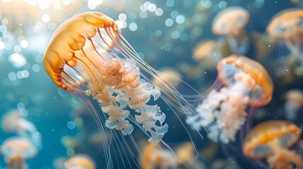 Wall Mural - Vibrant Jellyfish Drifting in Sunlit Underwater Seascape