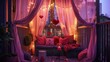 © Rafiullah - A charming balcony with pink hanging curtains, a cozy seating area with red heart throw pillows, and string lights to create a romantic outdoor retreat.