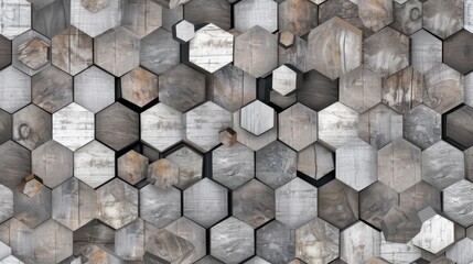 Wall Mural - Various hexagonal wood pieces create an intricate pattern, showcasing the natural textures and colors of different tree species SEAMLESS PATTERN