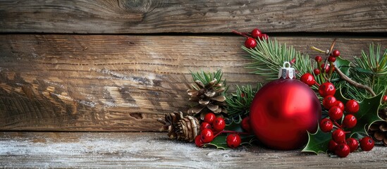Poster - A festive Christmas scene featuring a vibrant red ornament holly branches and gifts on a rustic wooden backdrop Ideal for a greeting card with room for text Copy space image