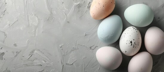 Fototapete - Trendy pastel colored Easter eggs on a gray backdrop with a modern copy space image