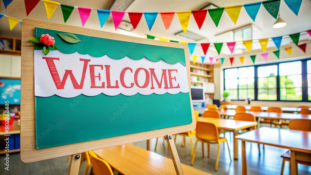 Welcome to Classroom with Colorful Flags and Desk. Stock Photo | Adobe ...