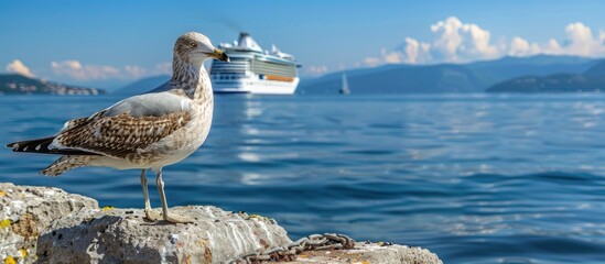 Poster - Seagull perching on a rustic stone quay by the tranquil sea shore with a clear view of a cruise ship passing by in the background creating a picturesque copy space image
