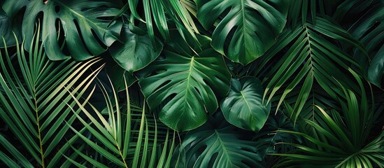 Poster - Lush green tropical leaf texture with large palm foliage creating a natural background perfect for a copy space image