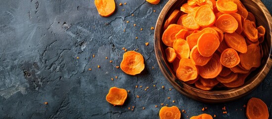 Poster - Sliced dried carrots make a healthy vegan snack option with ample copy space image potential