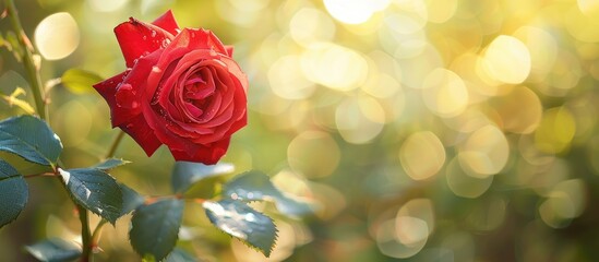 Poster - A vibrant red rose close up on a tree in a tranquil garden with visible copy space image