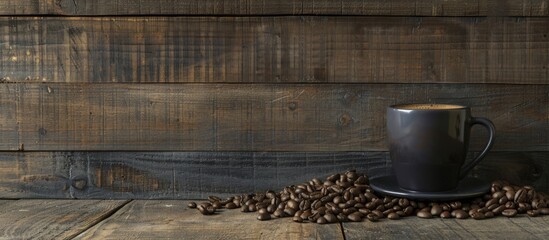 Aufkleber - Side view of a coffee cup and beans on a wooden backdrop with copy space image