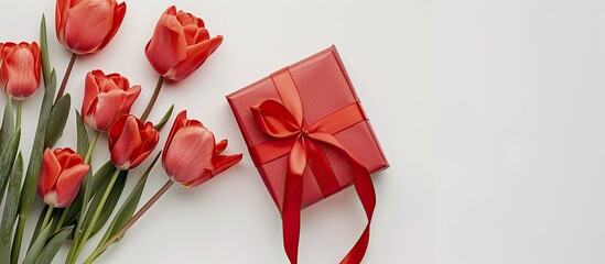 Poster - Red gift box and flowers on a white background with ample copy space image
