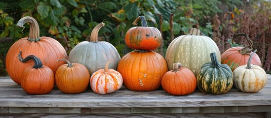 Canvas Print - Various pumpkins displayed on a wooden table ideal for a copy space image