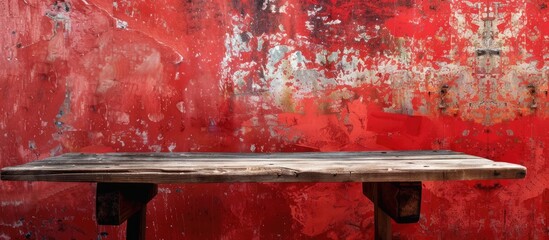 Wall Mural - A rustic table is set against a textured red wall with abstract patterns forming a striking backdrop with copy space image