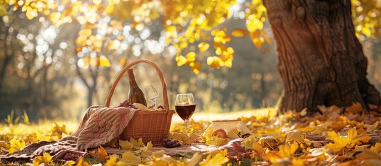 Wall Mural - A warm autumn picnic setting with a basket blanket wine glasses and yellow leaves by a tree on a sunny day in the park offering a serene view with available copy space image