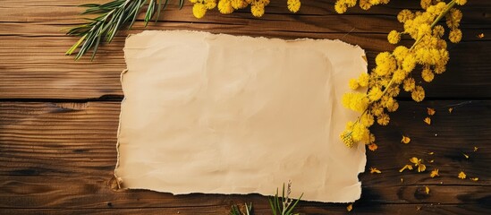 Aufkleber - Mimosa flowers beautify a wooden background with a blank paper for text in the image. Creative banner. Copyspace image