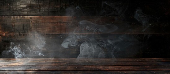 Fototapete - Smoke effect enhances product presentation on a dark wooden surface with copy space image