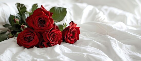 Poster - Romantic concept for Valentine s Day with a close up of a bunch of red roses on a white bed with a blank space for an image. Creative banner. Copyspace image