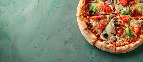 Aufkleber - Top view of a scrumptious vegetarian pizza on a green tabletop with copy space image available
