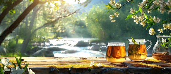 Canvas Print - Linden tea served with a serene view of nature and the flowing river in the backdrop creates a picturesque copy space image