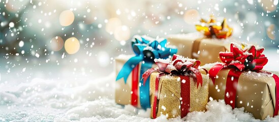 Leinwandbilder - Gifts adorned with colorful ribbons set in a snowy scene with ample white space for adding text or graphics a perfect copy space image