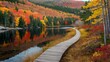 © Free - wooden path winds through a forest, alongside a calm