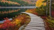 © Free - wooden path winds through a forest, alongside a calm